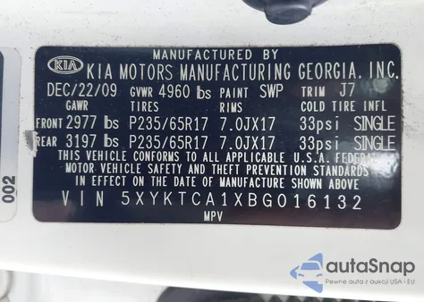 2011 Kia Sorento Lx z USA, uszkodzony, nr VIN 5XYKTCA1XBG016132